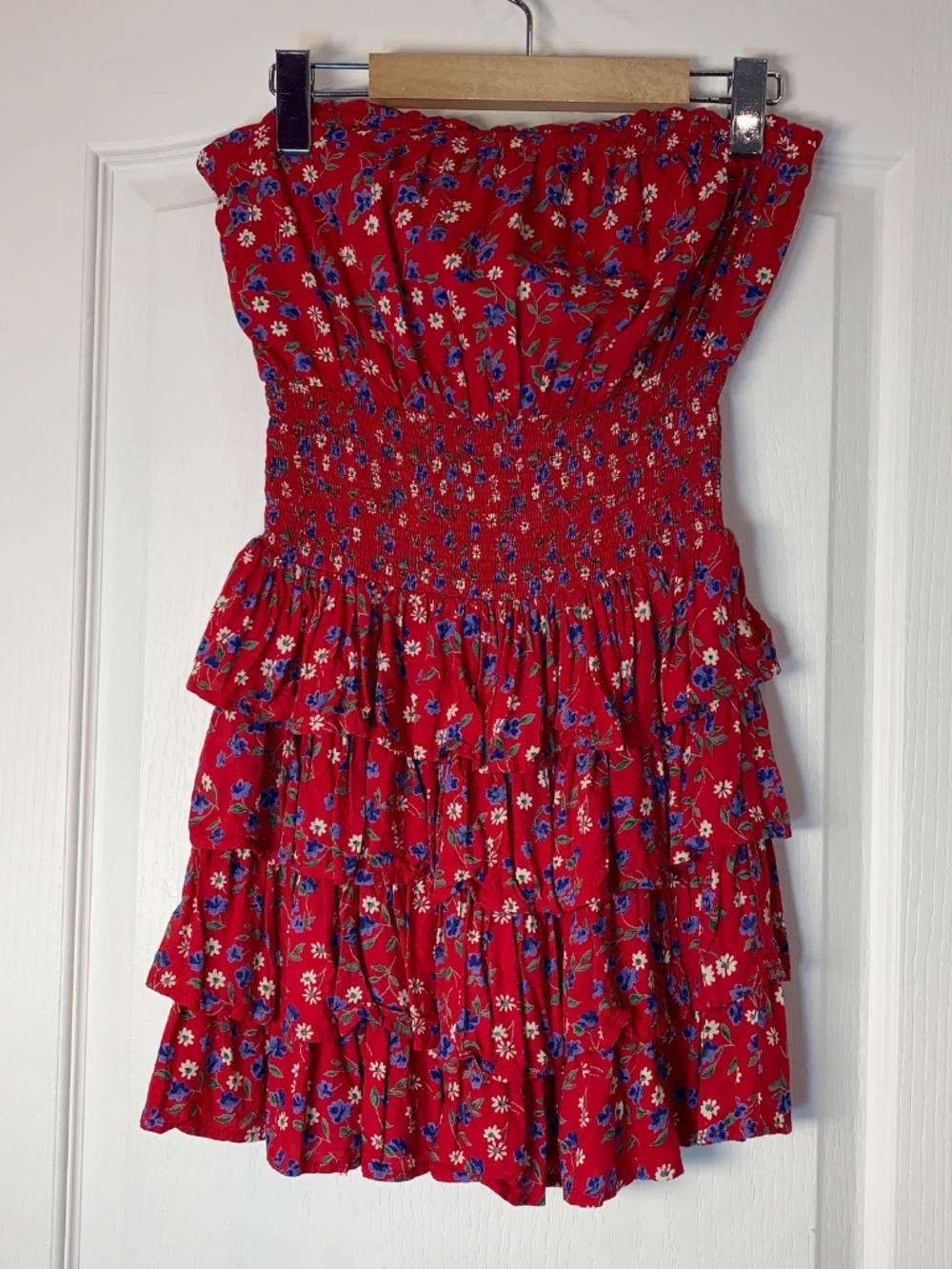 Patrons of Peace Strapless Smocked Mini Dress Red Floral Festival Boho Coachella